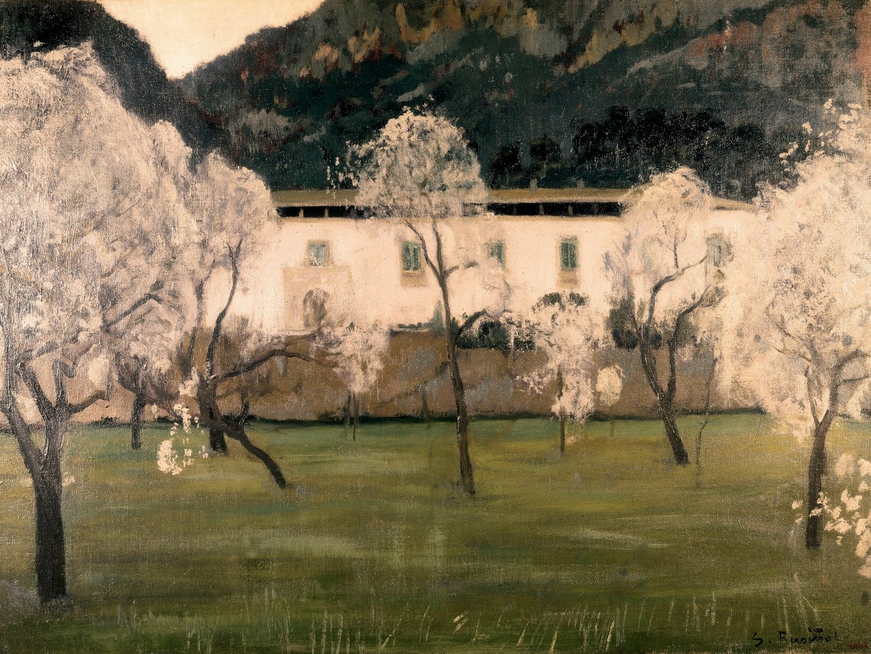 Krajobraz z kwiatami na drzewach. Obraz Santiago Rusinol y (i) Prats (1861-1931). olej na płótnie Barcelona. Narodowe Muzeum Sztuki Katalonii. autorstwa Santiago Rusinol i Prats