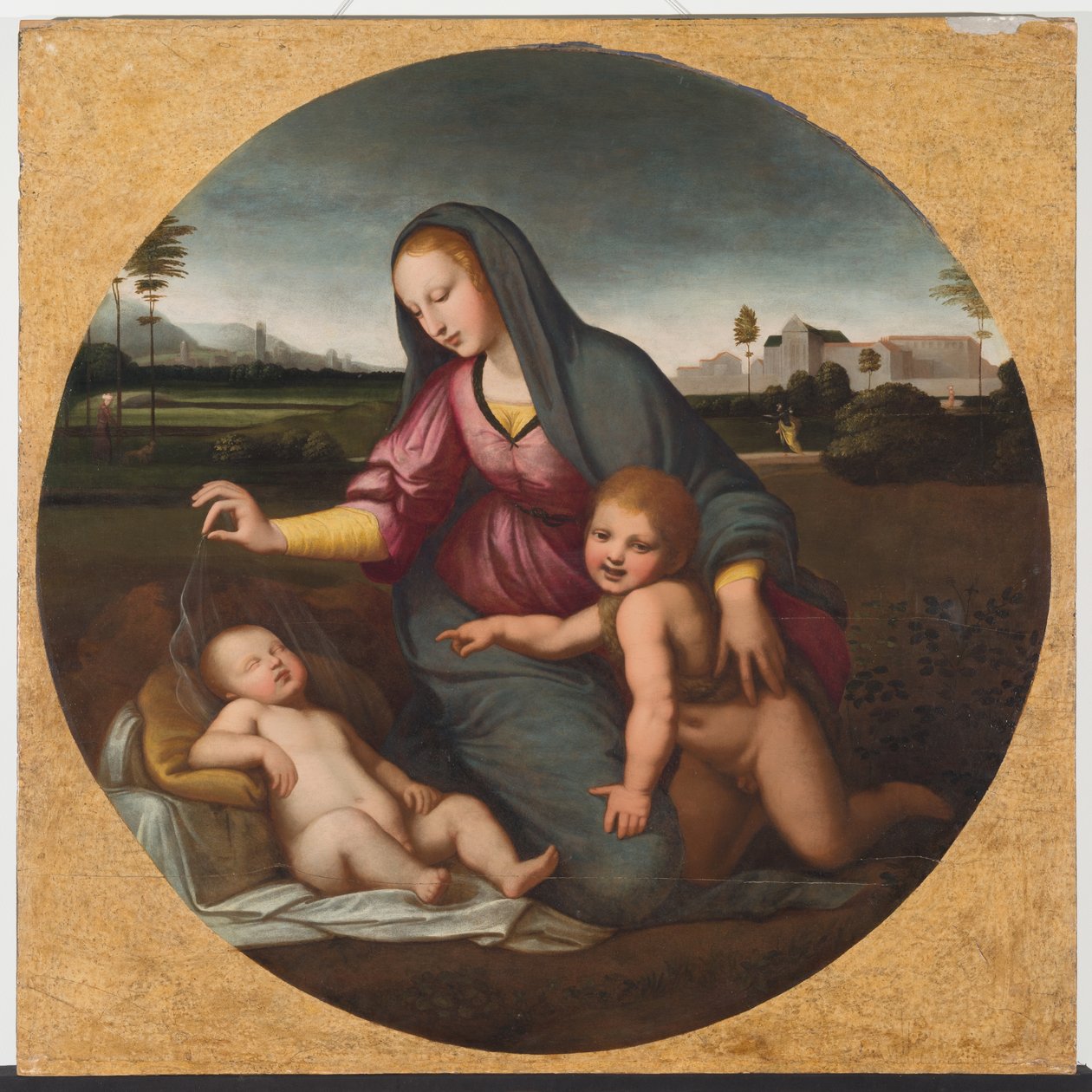 Madonna z Dzieciątkiem i młodym św. Janem, ok. 1500 r. (olej na drewnie) autorstwa Sanzio of Urbino (follower of) Raphael