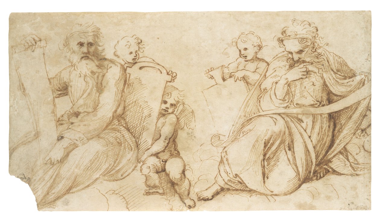 Dwóch proroków ze zwojami siedzących z puttami trzymającymi tablice autorstwa Sanzio of Urbino Raphael