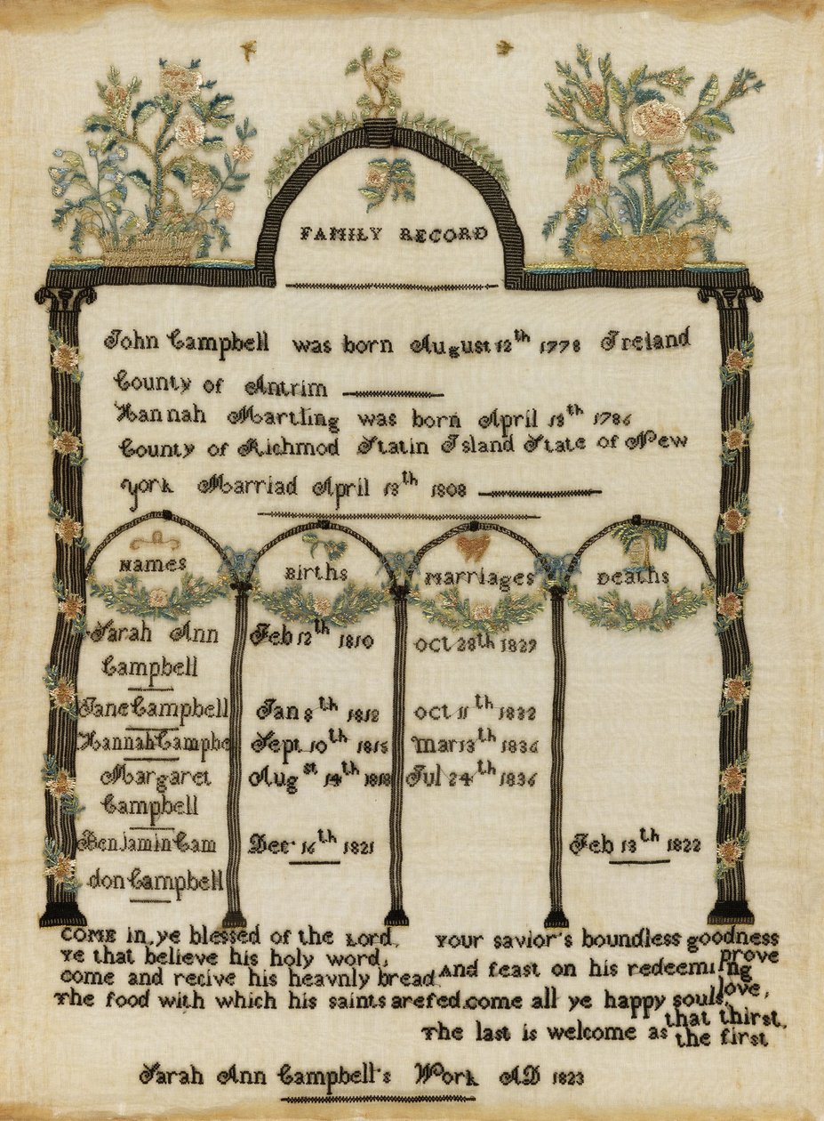 Próbnik rejestru rodzinnego autorstwa Sarah Ann Campbell