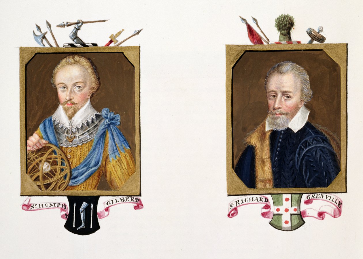 Podwójny portret sir Humphreya Gilberta (ok. 1539-83) i sir Richarda Grenville (ok. 1541-91) z „Pamiętników dworu królowej Elżbiety”, opublikowany w 1825 r. (wc i gwasz na papierze) autorstwa Sarah Countess of Essex
