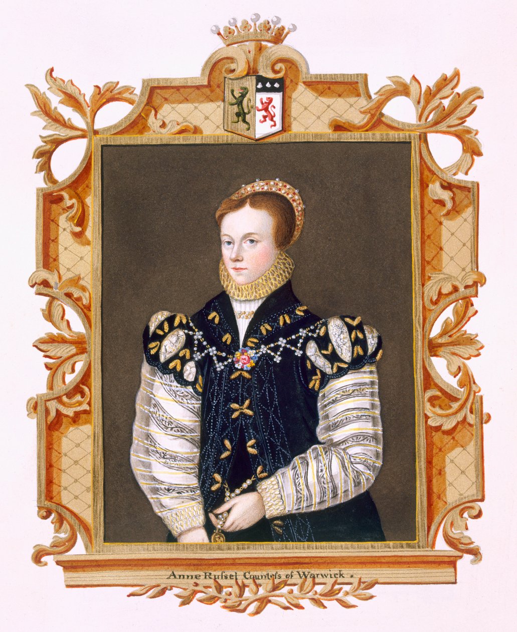 Portret Anne Russell (zm.1604) hrabina Warwick ze „Wspomnień dworu królowej Elżbiety”, po portrecie z ok. 1569 r. w opactwie Woburn, opublikowanym w 1825 r. (wc i gwasz na papierze) autorstwa Sarah Countess of Essex