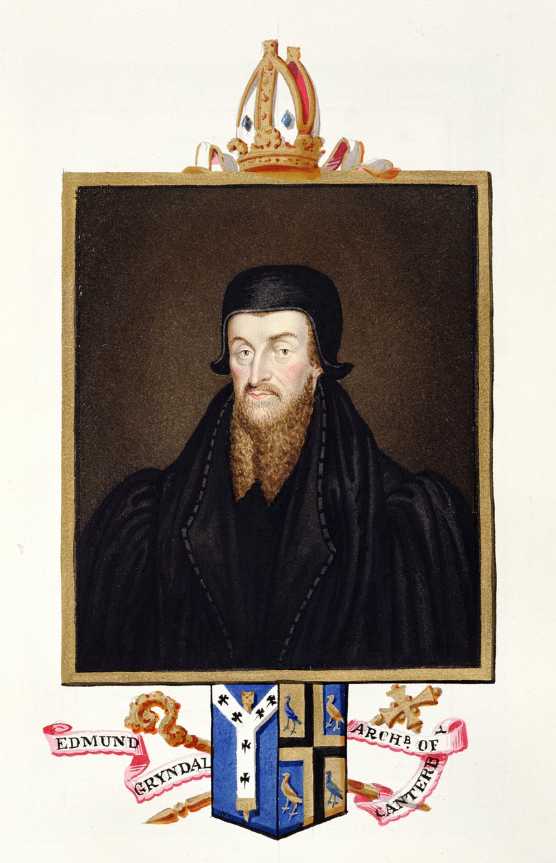 Portret Edmunda Grindala (ok. 1519-83) arcybiskupa Canterbury z „Pamiętników dworu królowej Elżbiety”, opublikowany w 1825 r. (wc i gwasz na papierze) autorstwa Sarah Countess of Essex
