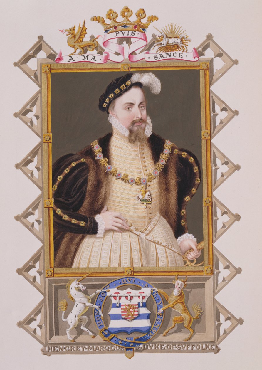 Portret Henryka Graya (zm. 1554) księcia Suffolk z Pamiętników dworu królowej Elżbiety, opublikowany w 1825 r. (wc i gwasz na papierze) autorstwa Sarah Countess of Essex