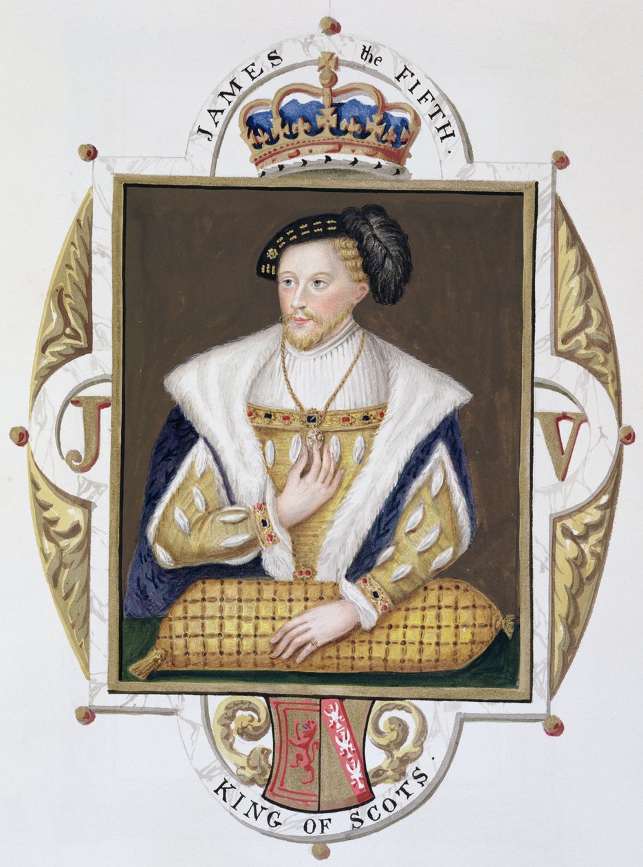 Portret Jakuba V (1512-42) króla Szkocji ze „Wspomnień dworu królowej Elżbiety”, wydanego w 1825 r. (wc i gwasz na papierze) autorstwa Sarah Countess of Essex