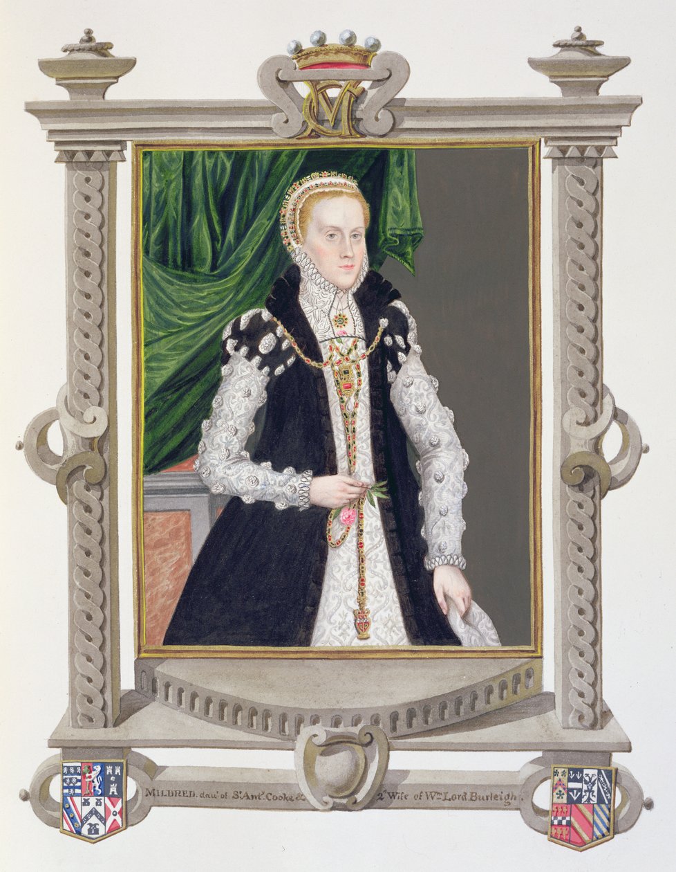 Portret Mildred Cooke, lady Burghley z "Pamiętników dworu królowej Elżbiety", wydanych w 1825 r. (wc i gwasz na papierze) autorstwa Sarah Countess of Essex