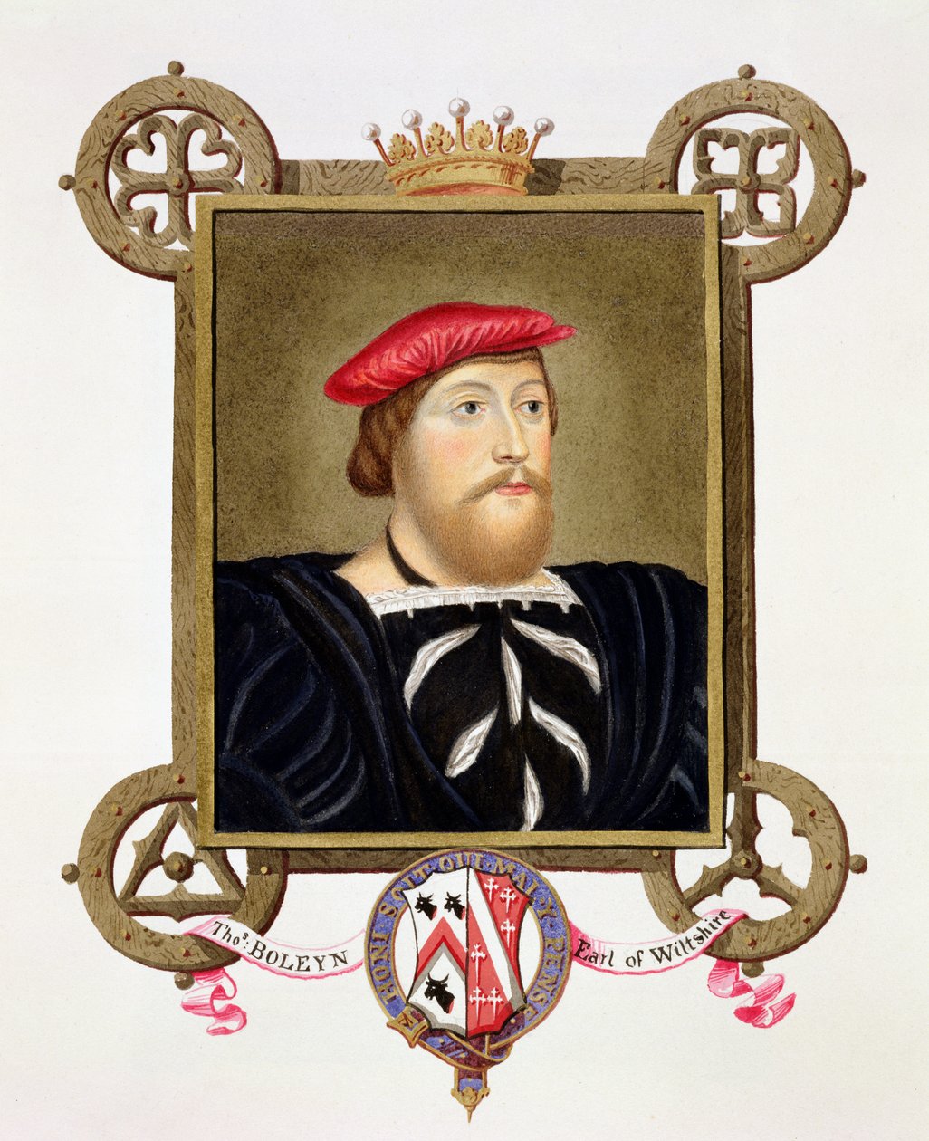 Portret Thomasa Boleyna (1477-1539) hrabiego Wiltshire ze „Wspomnień dworu królowej Elżbiety”, według rysunku Hansa Holbeina (1497-1543) w Royal Collection, opublikowanym w 1825 r. (wc i autorstwa Sarah Countess of Essex