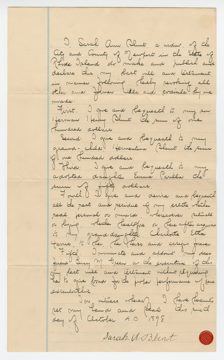 Ostatnia wola i testament Sarah Ann Blunt Crozley, październik 1898 r. autorstwa Sarah Ann Blunt Crozley