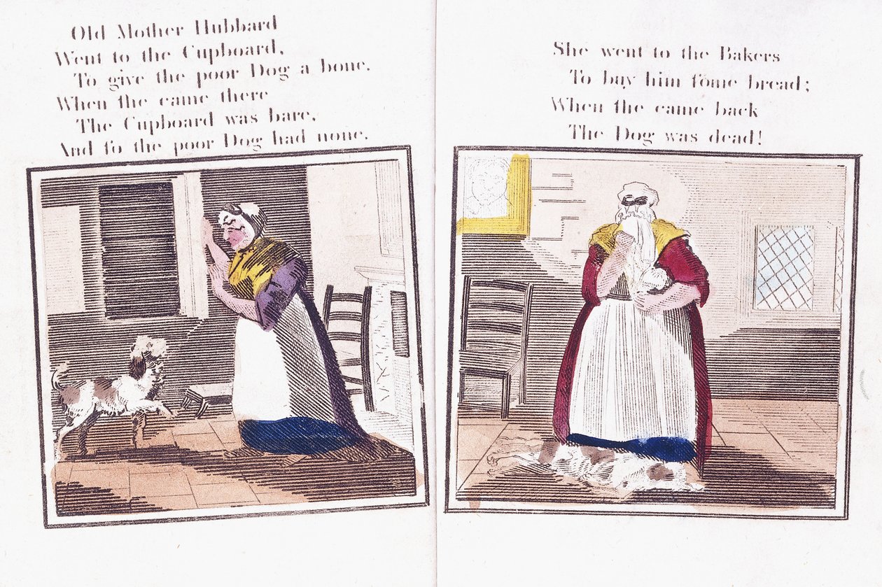 Dwie strony z książeczki z wierszykami „Komiksowe przygody starej matki Hubbard i jej psa” autorstwa Sarah Catherine (after) Martin