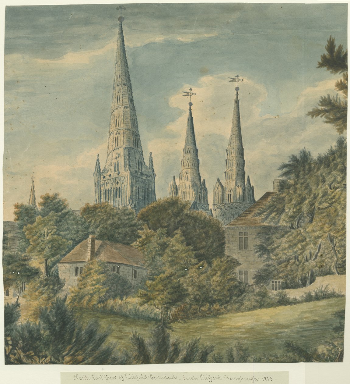 Katedra w Lichfield - widok północno-wschodni: obraz akwarelowy, 1818 r. autorstwa Sarah Clifford Fernyhough