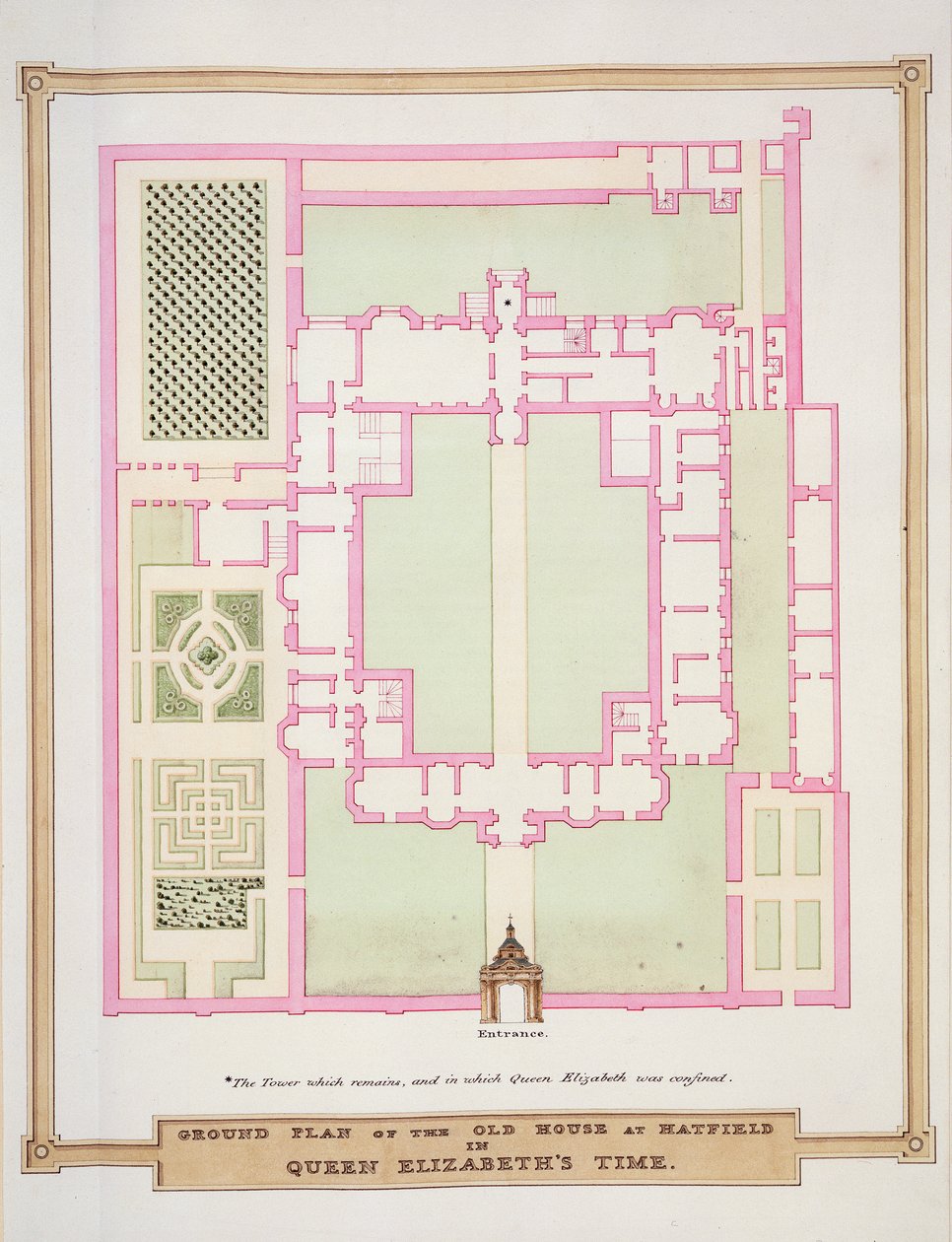 Plan parteru starego domu w Hatfield w czasach królowej Elżbiety z „Pamiętników dworu królowej Elżbiety”, opublikowanych w 1825 r. (Wc i gwasz na papierze) autorstwa Sarah Countess of Essex
