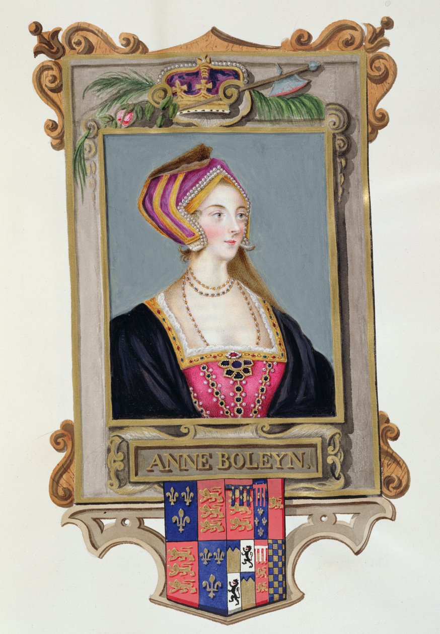 Portret Anne Boleyn (1507-36), drugiej królowej Henryka VIII, jako młodej kobiety z "Pamiętników dworu królowej Elżbiety", wydanych w 1825 r. (wc i gwasz na papierze) autorstwa Sarah Countess of Essex