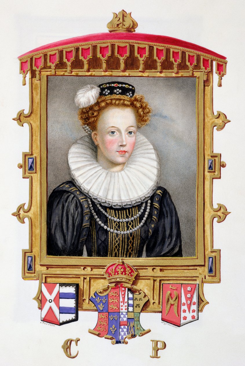 Portret Katarzyny Parr (1512-1548) Szósta żona Henryka VIII jako młoda wdowa ze „Pamiętników dworu królowej Elżbiety”, opublikowanych w 1825 r. (wc i gwasz na papierze) autorstwa Sarah Countess of Essex