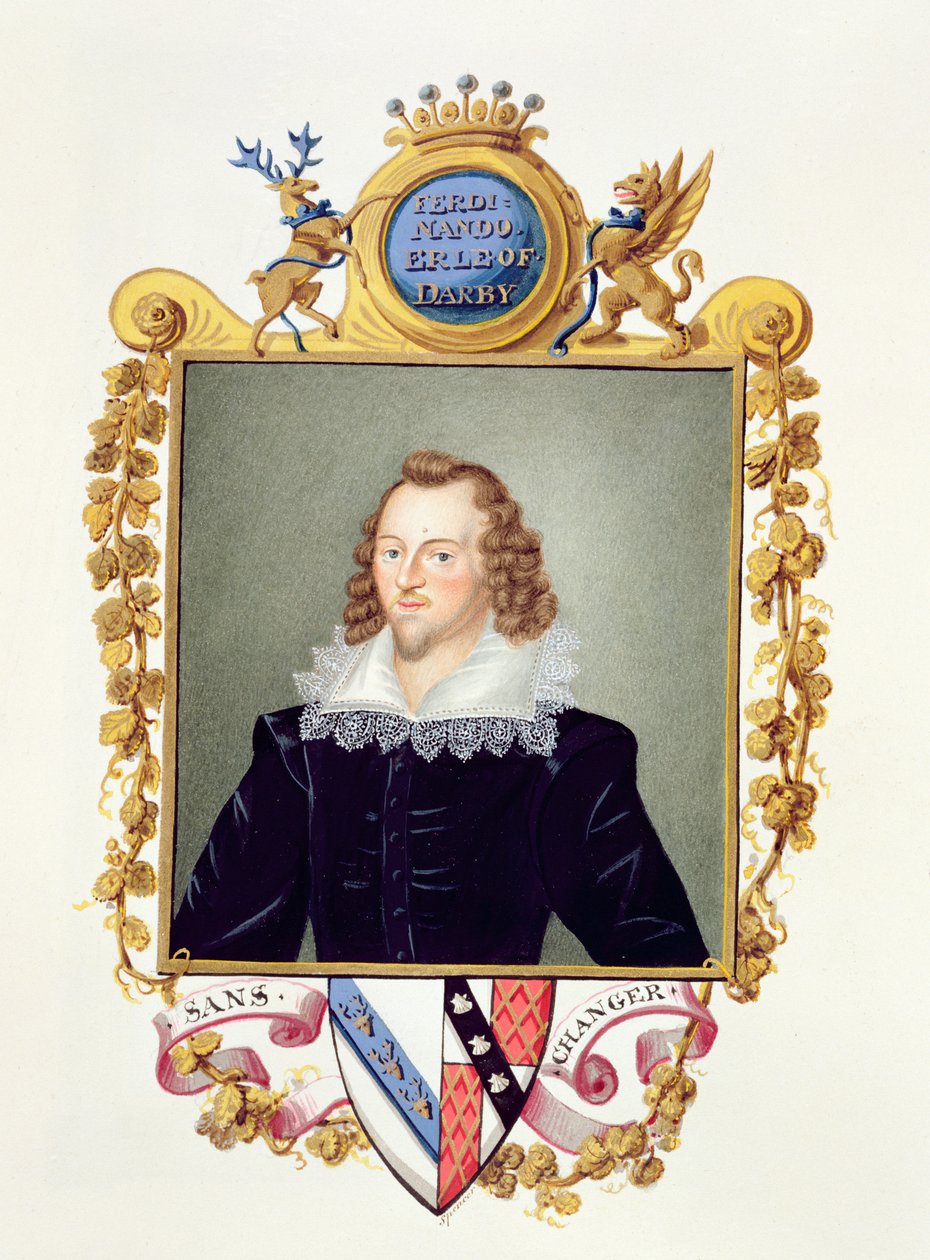 Portret Ferdinando Stanleya (1559-94) 5. hrabia Derby ze „Wspomnień dworu królowej Elżbiety”, opublikowany w 1825 r. (wc i gwasz na papierze) autorstwa Sarah Countess of Essex