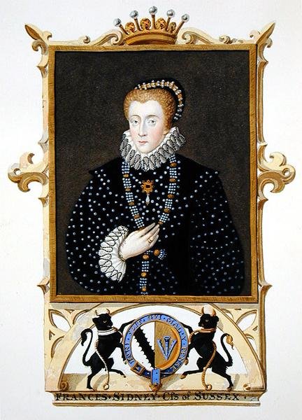 Portret Frances Sidney (zm. 1589 r.) hrabiny Sussex ze „Wspomnień dworu królowej Elżbiety” według portretu Stephena van der Meulena (1632-1690), opublikowanego w 1825 r. (akwarela i gwasz na papierze) autorstwa Sarah Countess of Essex