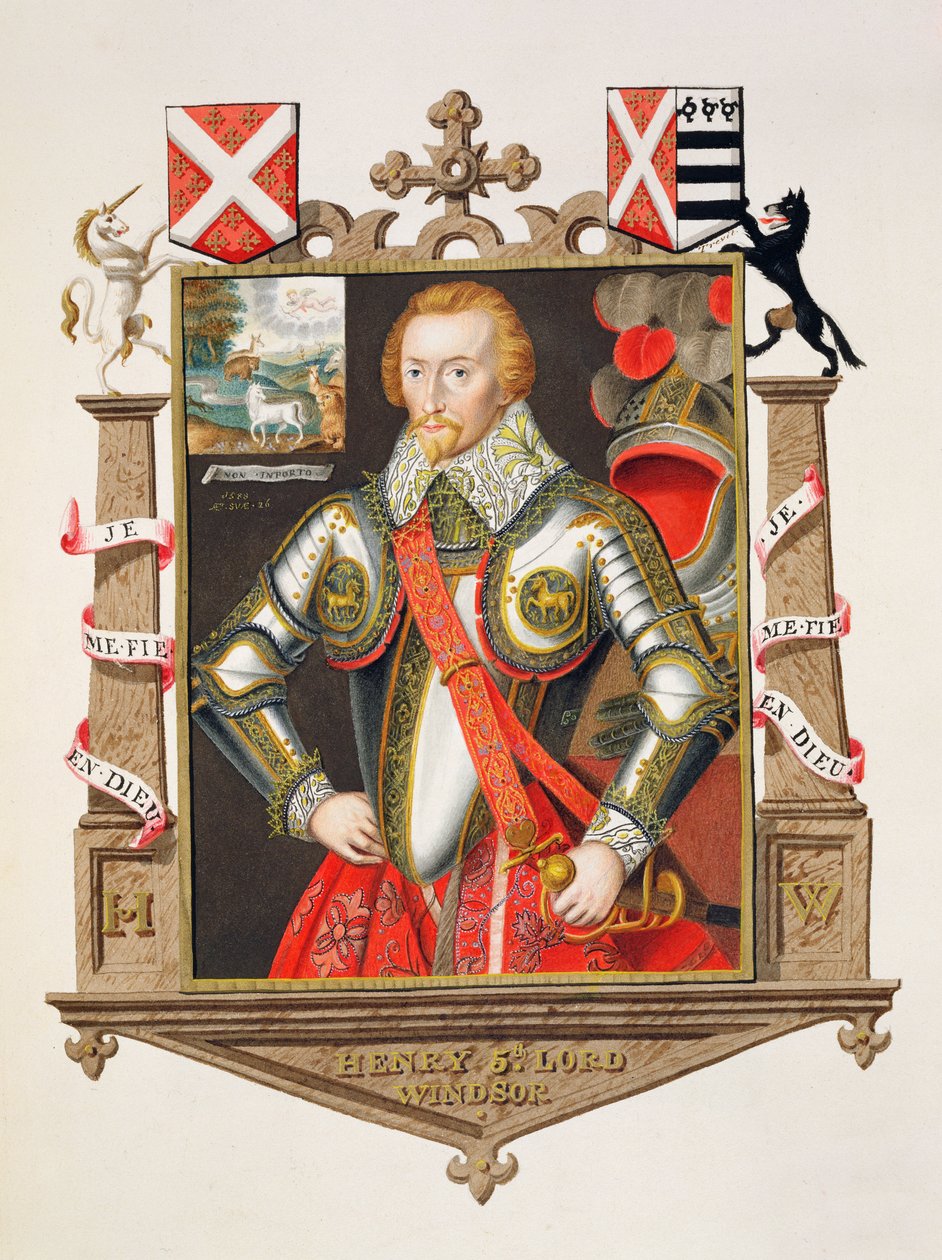 Portret Henryka, V lorda Windsora (1562-1615) ze „Wspomnień dworu królowej Elżbiety”, opublikowanych w 1825 r. (wc i gwasz na papierze) autorstwa Sarah Countess of Essex