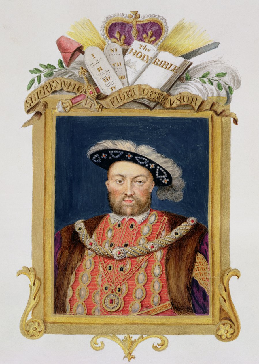 Publikacja portretu Henryka VIII (1491-1547) jako obrońcy wiary ze „Wspomnień dworu królowej Elżbiety”, na podstawie portretu wzorowanego na fresku Hansa Holbeina (14978-1543) w Hampton Court autorstwa Sarah Countess of Essex