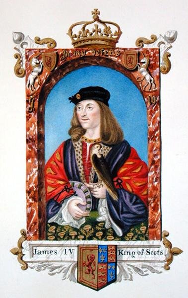 Portret Jakuba IV ze Szkocji (1473-1513) ze „Wspomnień dworu królowej Elżbiety”, opublikowanych w 1825 r. (akwarela i gwasz na papierze) autorstwa Sarah Countess of Essex