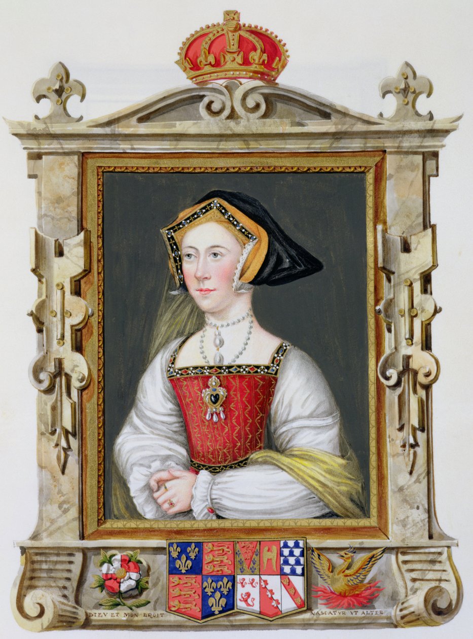 Portret Jane Seymour (ok. 1509-37) 3. królowa Henryka VIII ze „Wspomnień dworu królowej Elżbiety” według portretu Hansa Holbeina (14978-1543), opublikowanego w 1825 r. (wc i gwasz na papierze) autorstwa Sarah Countess of Essex