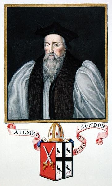 Portret Johna Aylmera (1521-94) biskupa Londynu ze „Wspomnień dworu królowej Elżbiety”, wydanych w 1825 r. (akwarela i gwasz na papierze) autorstwa Sarah Countess of Essex