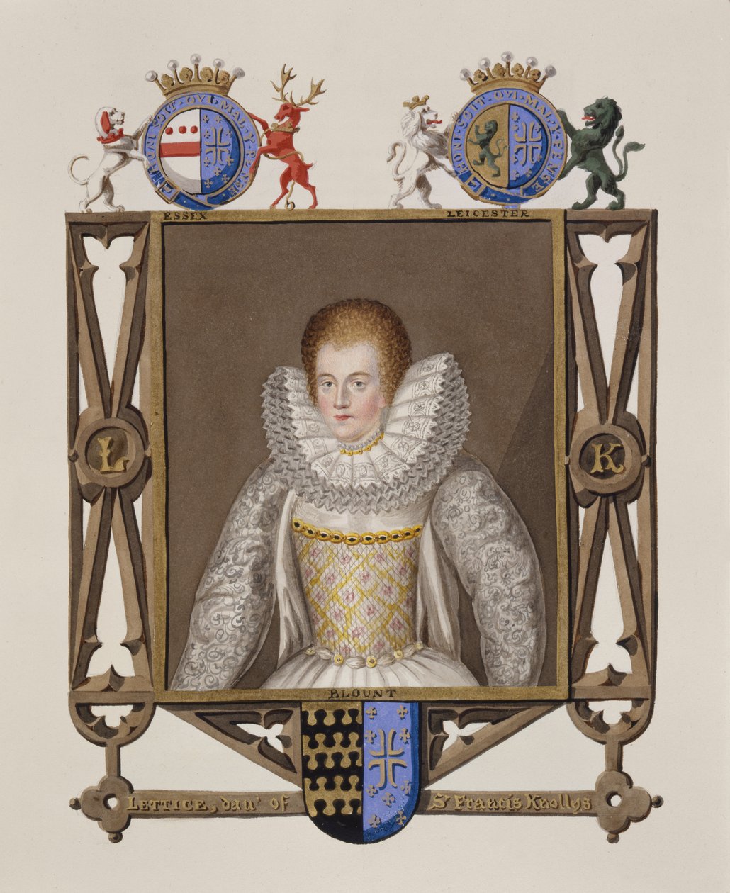 Portret Lettice Knollys (ok. 1541-1634) córka Sir Francisa Knollysa z Pamiętników dworu królowej Elżbiety, opublikowany w 1825 r. (wc i gwasz na papierze) autorstwa Sarah Countess of Essex
