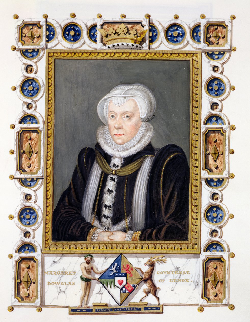Portret Margaret Douglas (1515-78) hrabiny Lennox ze „Wspomnień dworu królowej Elżbiety”, wydanej w 1825 r. (wc i gwasz na papierze) autorstwa Sarah Countess of Essex