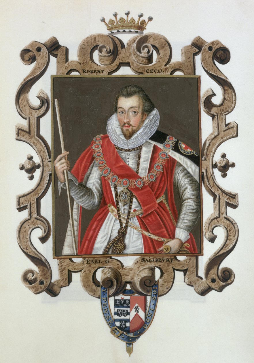 Portret Roberta Cecila (1563-1612) 1. hrabiego Salisbury z "Pamiętników dworu królowej Elżbiety", wydanych w 1825 r. (wc i gwasz na papierze) autorstwa Sarah Countess of Essex