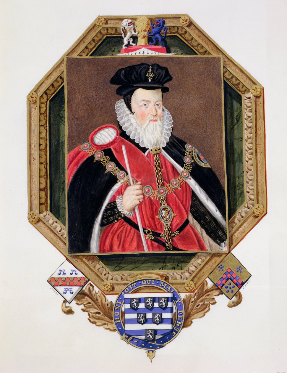 Portret Williama Cecila (1520-98) I barona Burghleya z Pamiętników dworu królowej Elżbiety, według obrazu Marcusa Gheeraertsa Młodszego (ok. 1561-1635) opublikowanego w 1825 r. (wc i gwasz o autorstwa Sarah Countess of Essex