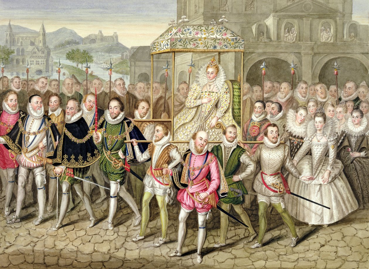Królowa Elżbieta I w procesji z dworzanami (ok. 160003 r.) z "Memoirs of the Court of Queen Elizabeth" na podstawie obrazu Roberta Peake