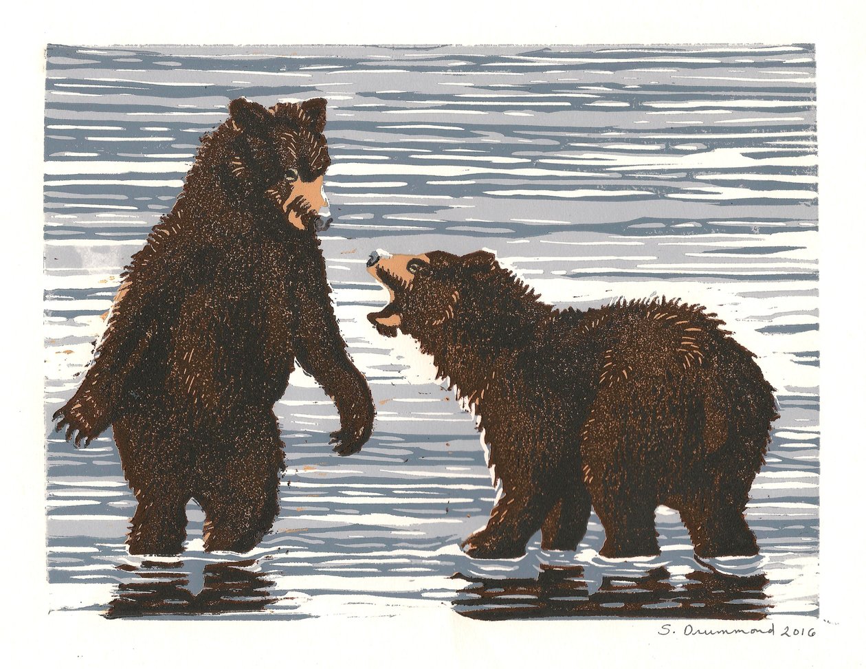 Salmon Stream Frolics, 2016 (linoryt) autorstwa Sarah Drummond