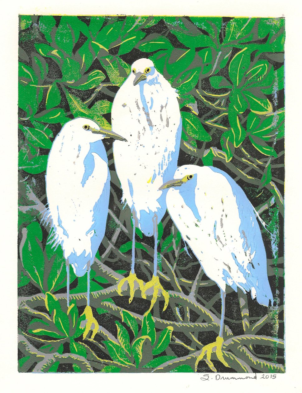 Trio, 2015 (linoryt) autorstwa Sarah Drummond