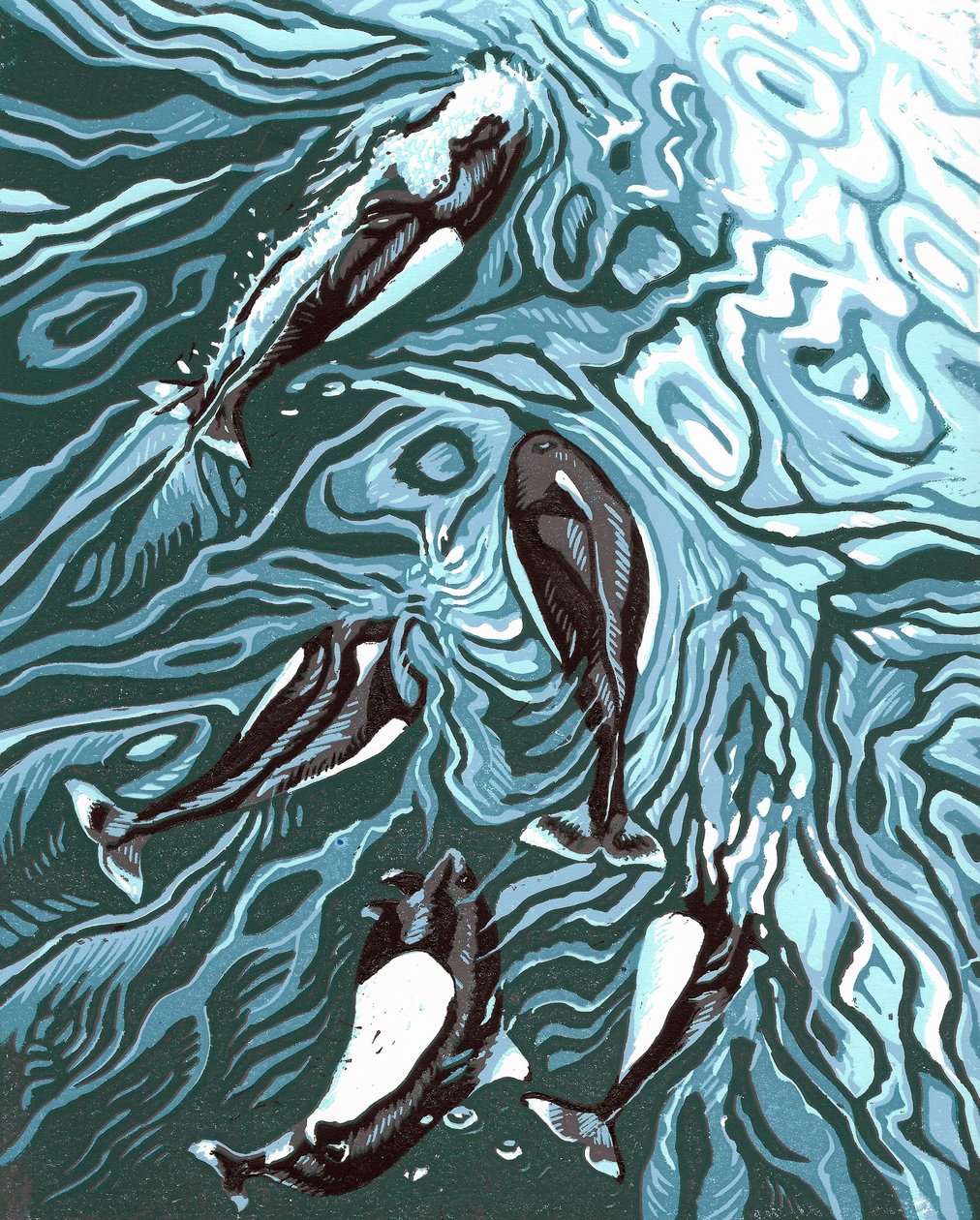 Wake Riders, 2016 (linoryt) autorstwa Sarah Drummond