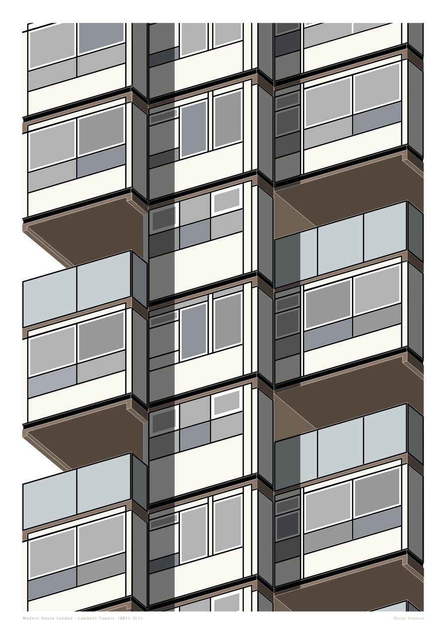 Lambeth Towers_Sepia, 2015 (grafika drukowana giclee) autorstwa Sarah Evans