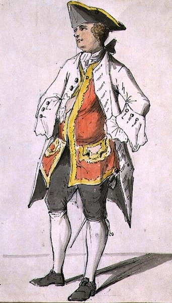 Pan w trójrożnym kapeluszu, z albumu studiów postaci, połowa XVIII w. (pióro i atrament z akwarelą) autorstwa Sarah Hamilton
