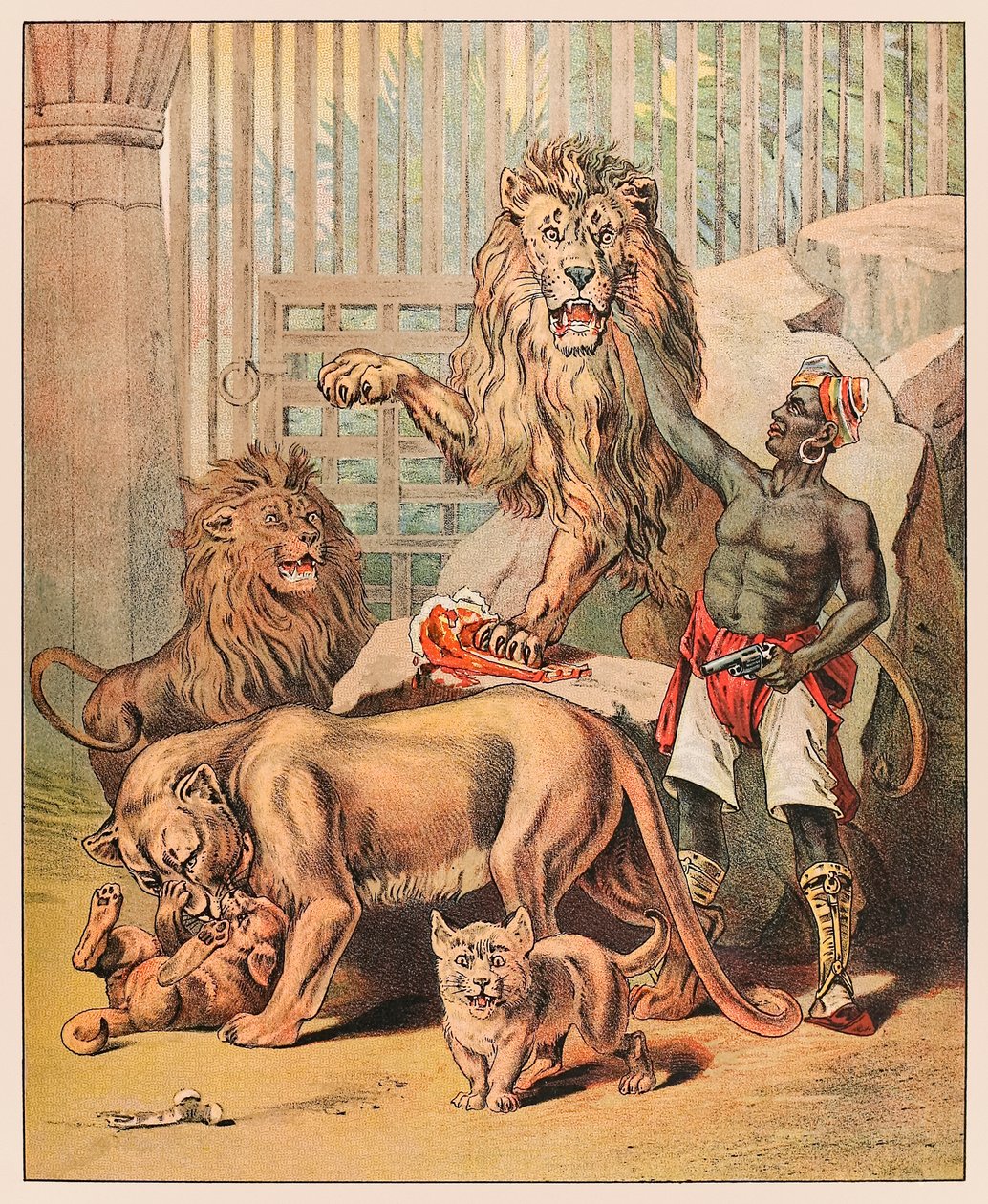 Przedstawienie lwów z ich opiekunem w Cyrku Barnuma i Baileya z Menażerii P.T.Barnuma opublikowanej w 1888 roku, ilustracja Sarah J. Burke. autorstwa Sarah J. Burke