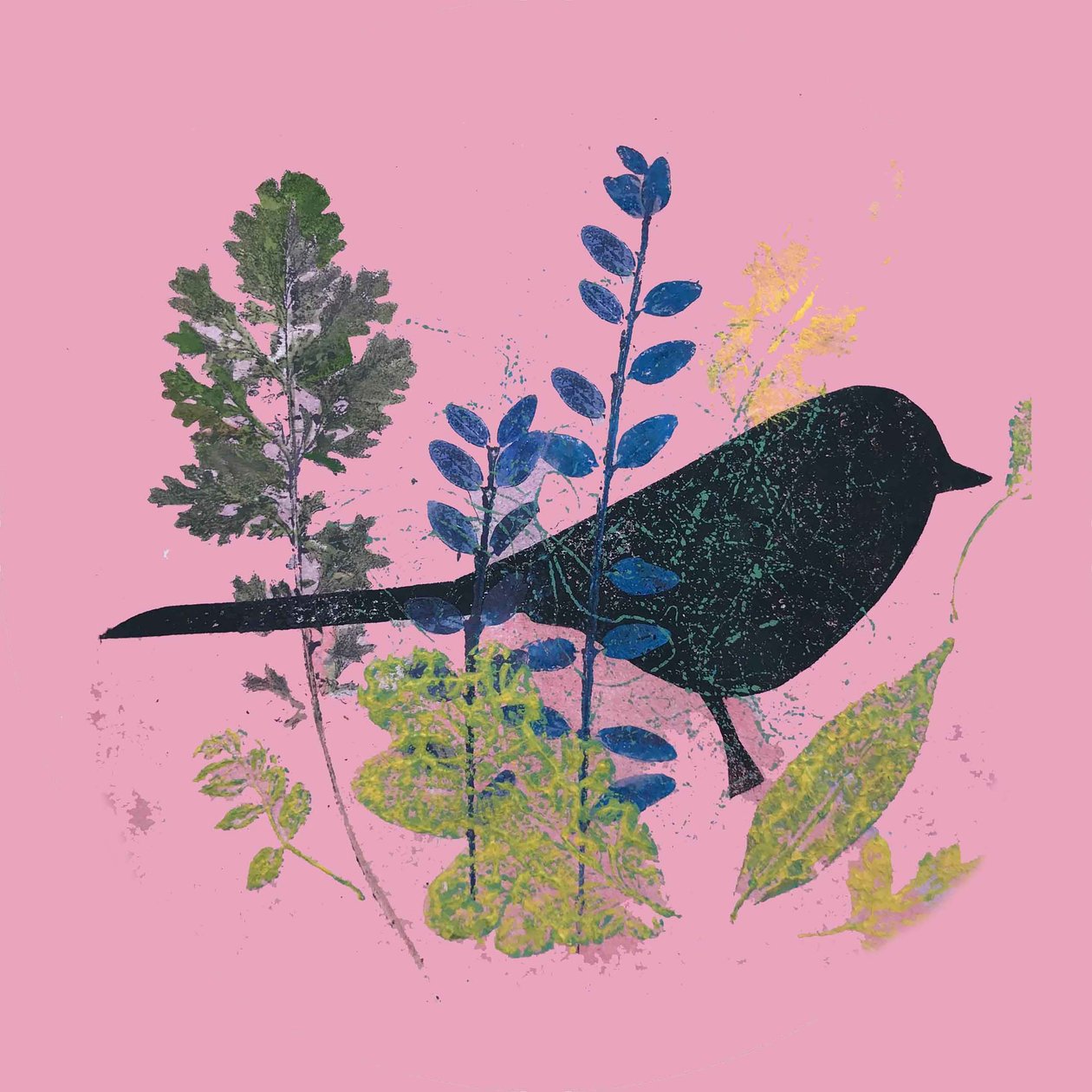 Ptak i liście,2019 (monodruk tuszem) autorstwa Sarah Thompson Engels