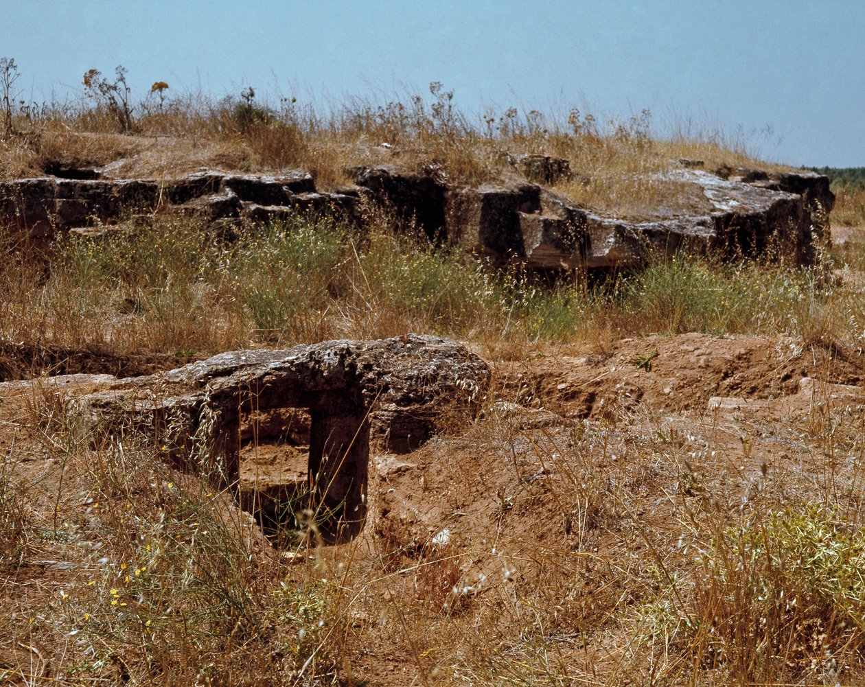 Kultura nuragi (nuraghi) Sardyńska: ruiny miasta przed nuragami na megalitycznym miejscu Anghelu Ruju: centralna wieża. XX w. p.n.e. Alghero, Sardynia Włochy autorstwa Sardinia Nuragic Civilization