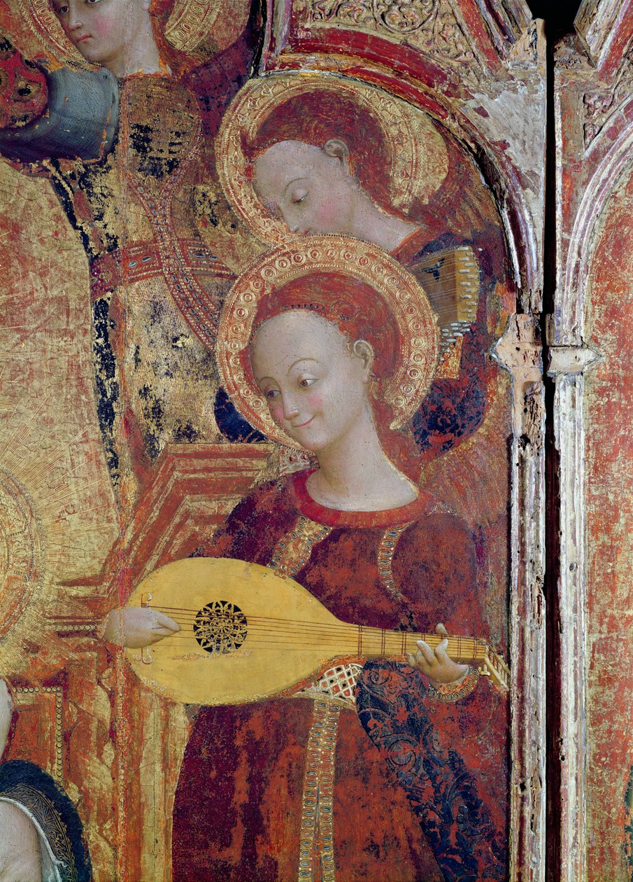 Fragment muzyków anielskich z obrazu Matki Boskiej z Dzieciątkiem w otoczeniu sześciu aniołów, 1437-44 (olej i złoto na drewnie) autorstwa Stefano Sassetta