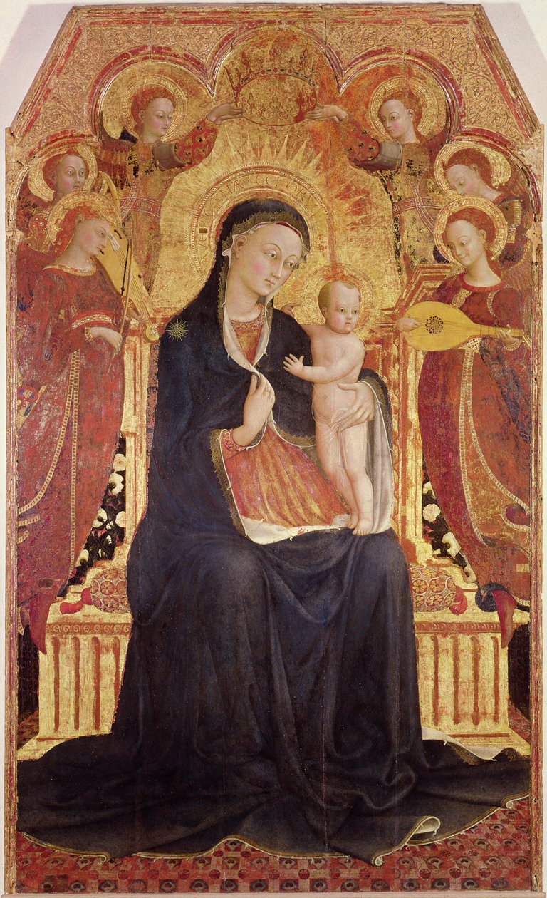 Madonna z Dzieciątkiem na tronie z sześcioma aniołami, centralny panel z ołtarza, 1437-44 (detal z 95743) autorstwa Stefano Sassetta