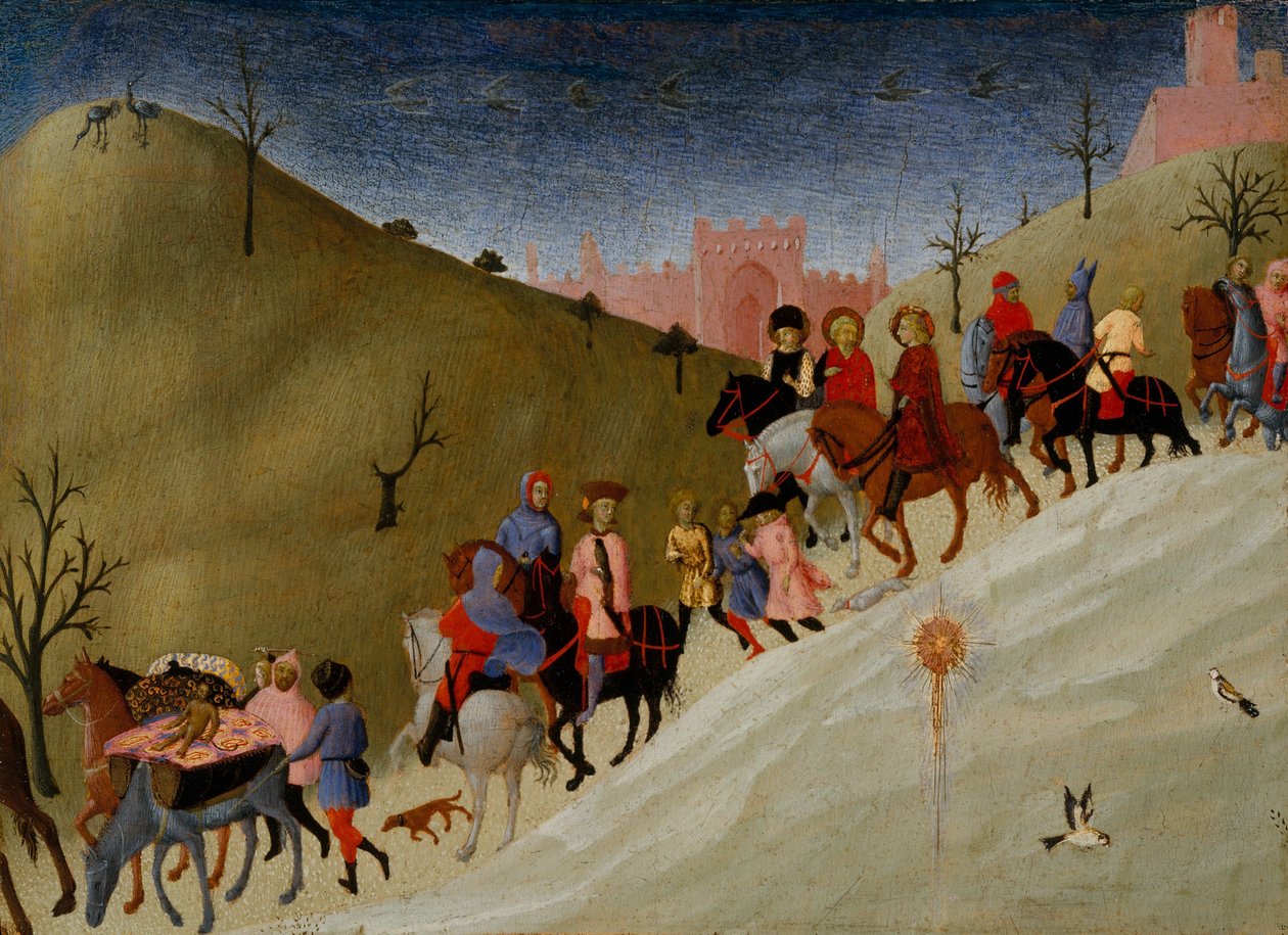 Podróż Trzech Króli, ok. 1433-5 (tempera i złoto na drewnie) autorstwa Stefano Sassetta
