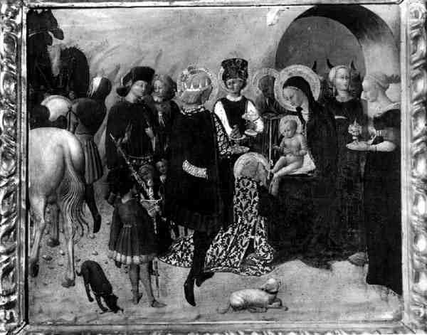Pokłon Trzech Króli (tempera na panelu) (zdjęcie czarno-białe) autorstwa Sassetta (c.1392 1450)