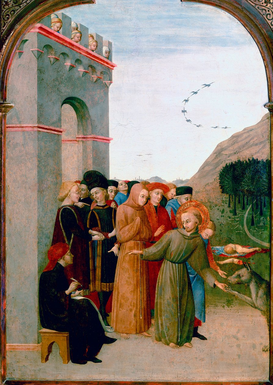 Św. Franciszek z Asyżu rozmawiający z wilkiem z Gubbio (detal) (tempera jajowa na desce z topoli) autorstwa Sassetta (c.1392 1450)
