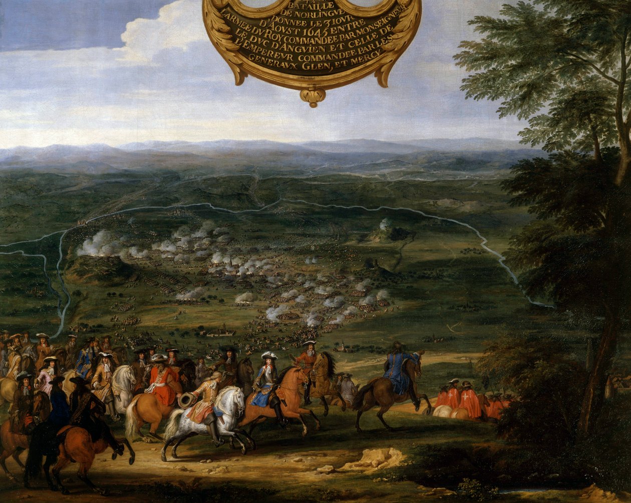 Wojna trzydziestoletnia (1618-1648): „Bitwa pod Nordlingen w 1645” Bitwa pod Alerheim, zwana także drugą bitwą pod Nordlingen (lub Norlingue) w dniu 3/08/1645, przeciw Francji dowodzonej przez Ludwika II księcia Burbon (Bourbon-Conde) powiedział przeciwko  autorstwa Sauveur Le Conte