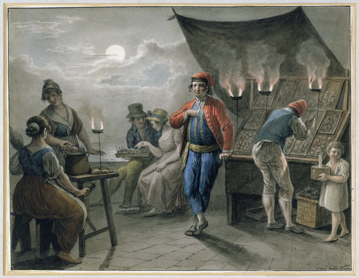 Figurki przy straganie w nocy, 1819 (ołówek i wc) autorstwa Saviero Xavier della Gatta