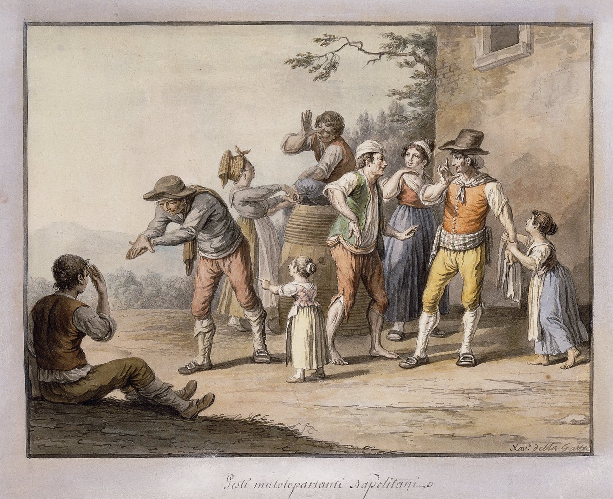 Neopolici wskazujący na głuchoniemą osobę; Gesti Mutoloparlanti Napolitani, 1815 autorstwa Saviero Xavier della Gatta