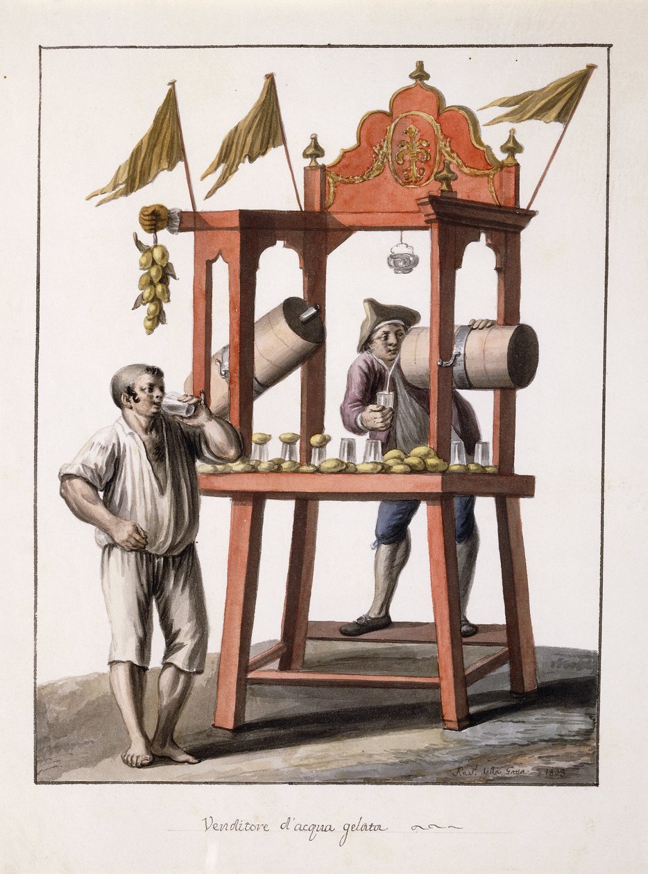 Sprzedawca wody mrożonej; i Neopolitan Kostium Wagon; Sprzedawca mrożonej wody; i kostium neapolitańskiego rydwanu autorstwa Saviero Xavier della Gatta