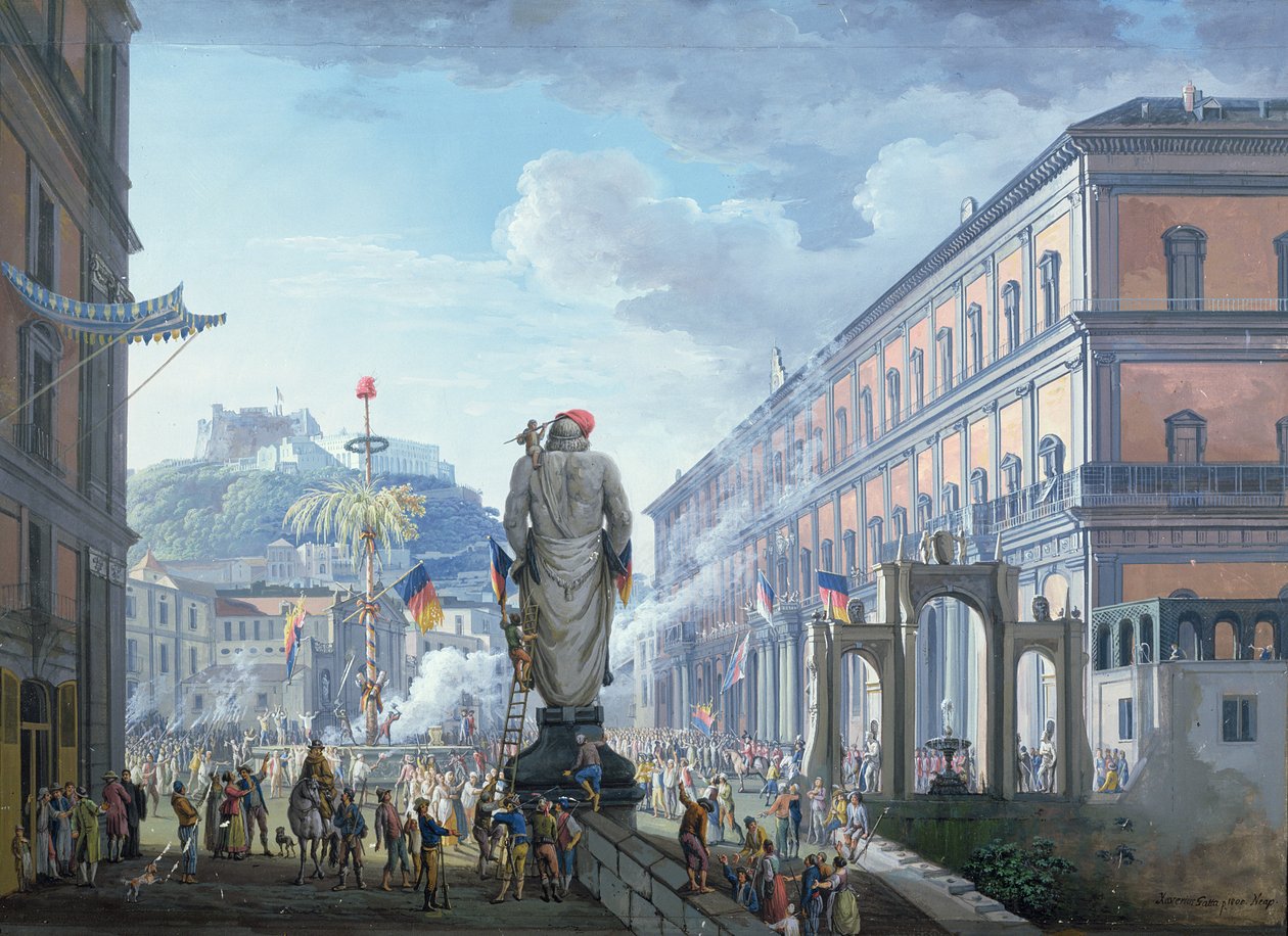 Palazzo Reale, w chwili, gdy drzewo wolności zostało ścięte, a wojska masowo kierowane przez Anglików w 1799, 1800 autorstwa Saviero Xavier della Gatta