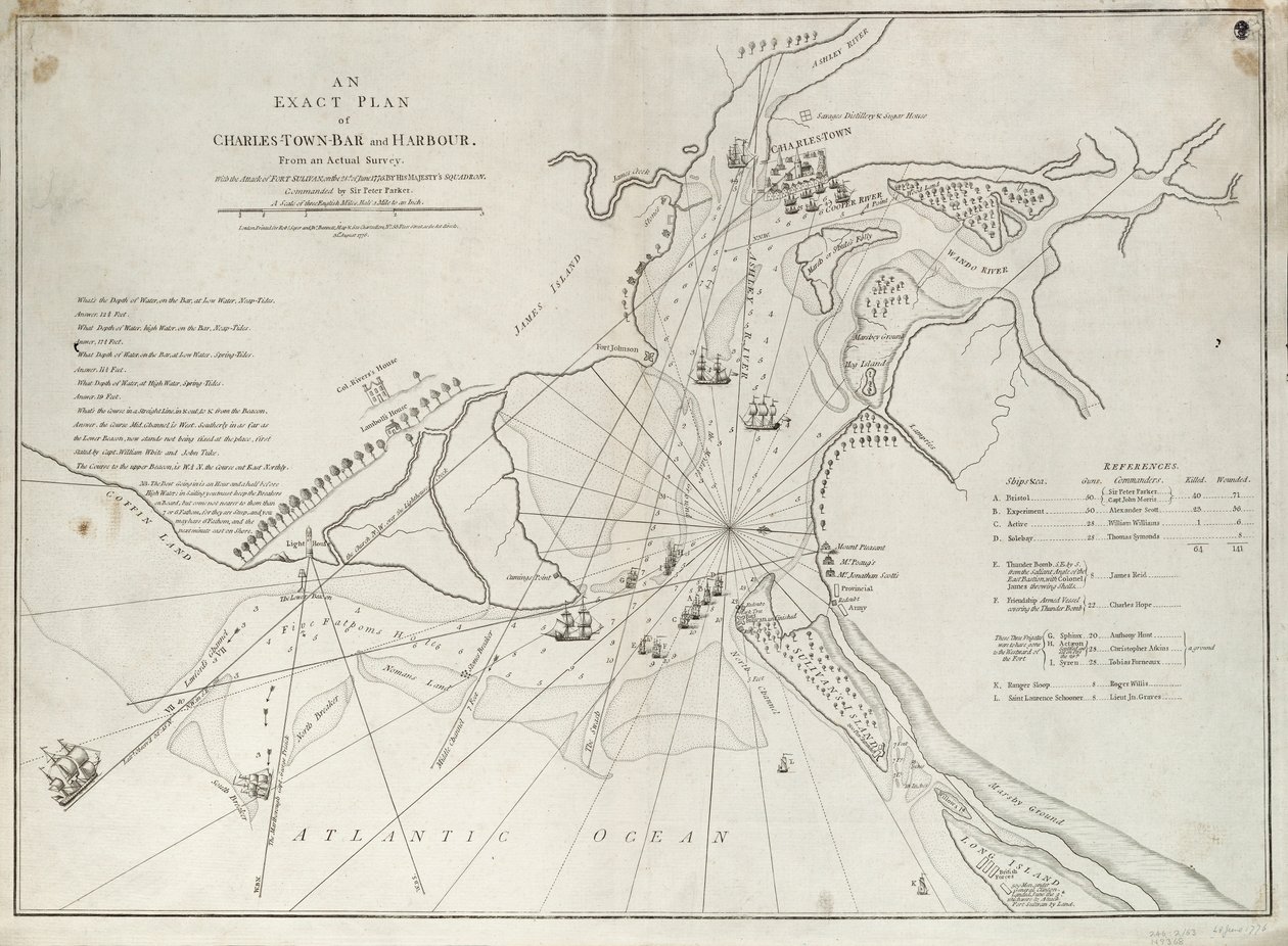 Dokładny plan baru i portu w Charles Town, pochodzący z rzeczywistych badań przeprowadzonych podczas ataku na Fort Sullivan, 28 czerwca 1776 r., przez eskadrę Jego Królewskiej Mości dowodzoną przez Sir Petera Parkera. autorstwa Sayer & Bennett