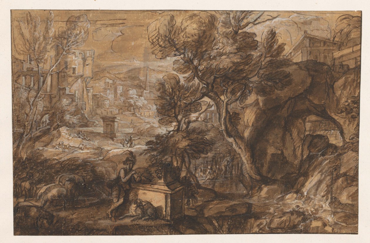 Krajobraz z pasterzem przy zabytkowym sarkofagu autorstwa Sébastien Bourdon (attributed to)