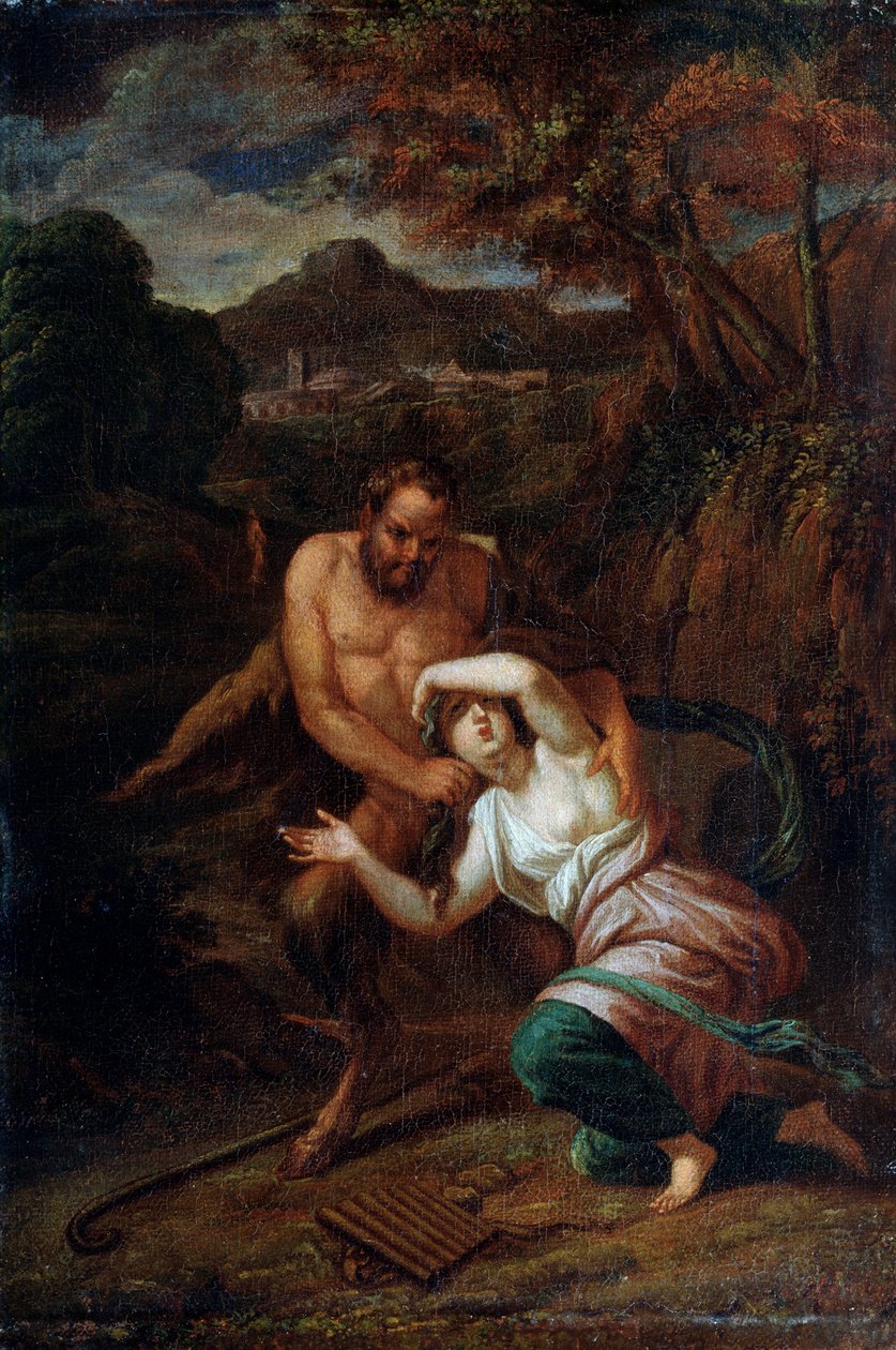 Pan i nimfa Syrinx, XVII wiek autorstwa Sébastien Bourdon